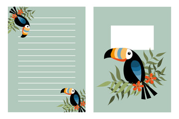 Notebook template set, with hand drawn toucan bird and palm leaves.
Good for booklet cover, scarpbook, diary, flyer note design. Vector editable notebook cover.