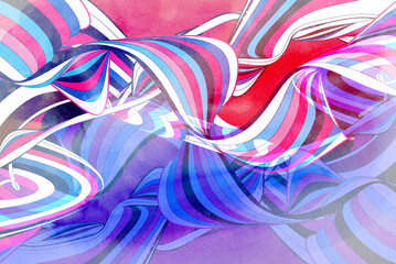 Watercolor illustration with graphic linear waves