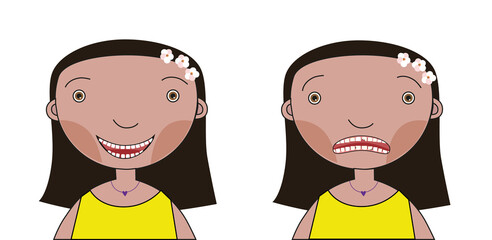 Girl with a broken front tooth and caries on one side and a happy girl with healed teeth on the other