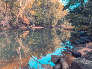 Reflection of autumn trees on the river 