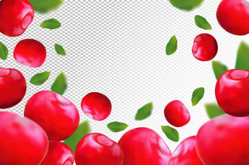 Cherry background. Fresh red cherry with green leaf on transparent background. 3D realistic fruits. Falling cherry. Nature product. Vector illustration.
