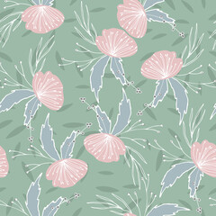 Floral vector seamless pattern with  flowers, berries, leaves and twigs. Beautiful hand drawn bouquets in pastel colors in vintage style.