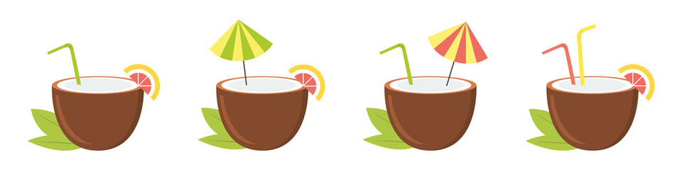 Coconut cocktails set. Summer drinks. Vector illustration
