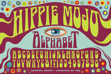 Hippie Mojo Alphabet: An original wild psychedelic lettering style reminiscent of 1960s era posters. - obrazy, fototapety, plakaty