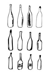 Hand drawn doodle bottle set. Contour sketch. Vector transparent illustration isolated on white background. Decoration for cards, banner, posters, prints, emblems.