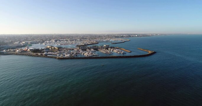 Aerial view of Fremantle Boat Harbour and Fremantle Beach in the Sunrise. Perth, WA, Australia