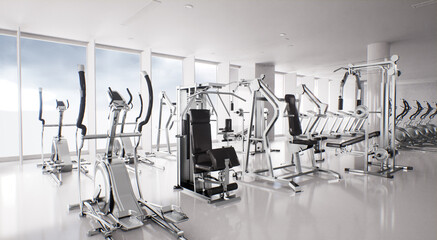 Obraz premium modern gym interior with exercise equipment elliptical trainers 3d render
