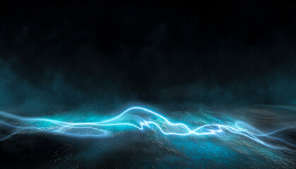 Empty futuristic dramatic scene. Abstract dark landscape, street. Neon light fluid element. Night view, neon blue light. Fantasy background. 3D illustration