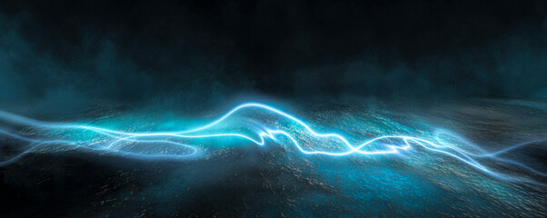 Empty futuristic dramatic scene. Abstract dark landscape, street. Neon light fluid element. Night view, neon blue light. Fantasy background. 3D illustration