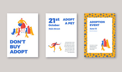 Animal shelter adoption event posters template. Vector iilustration with typography and characters, woman feeding dogs, man playing with dog.