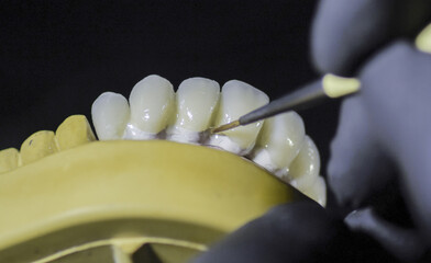 Dental technician applied glaze on ceramic crown