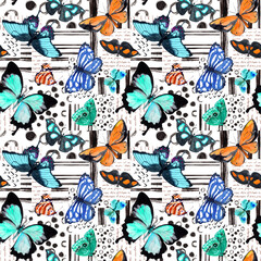 Butterflies and black ink lines watercolor hand drawn repeated pattern. Summer insects with handwriting, paint scribbles decorative notes. Moths wallpaper
