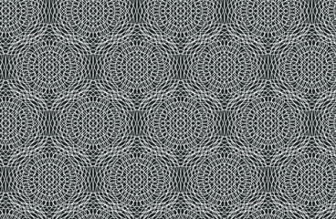 White complex geometric outline of interconnecting lines and circles makes an intricate repeating pattern on a gray background, vector illustration 