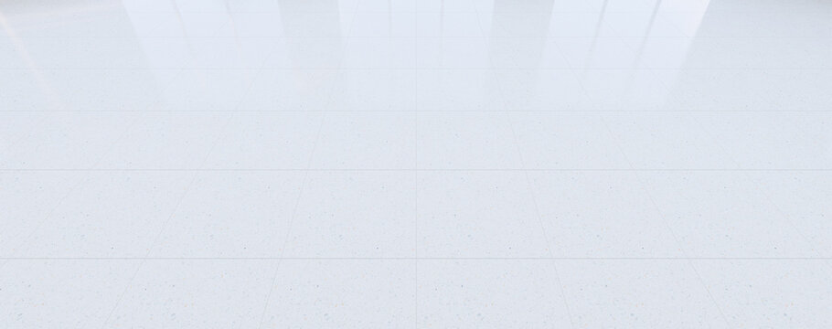 3d rendering of terrazzo floor with gray grid line and shiny reflection with clear glass door in perspective view, clean and new condition use to background.