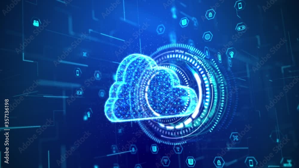 Poster 3d rendering cloud computer with hologram and hud head up display interface element, for cyber and f