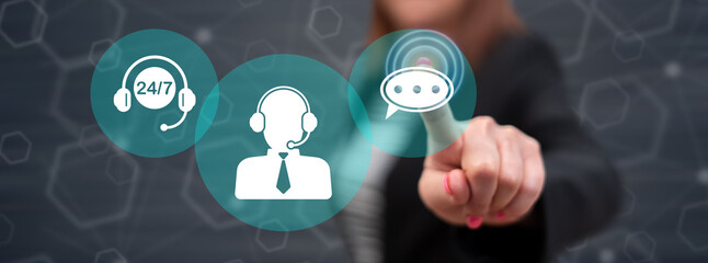 Woman touching a call center concept