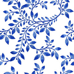Fototapeta premium Blue floral watercolor texture pattern with flowers. 