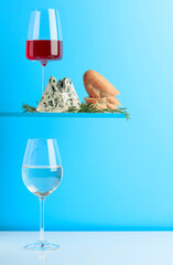 Blue cheese with bread, wine and rosemary.