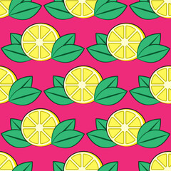 seamless lemon pattern with leaves on a pink background. Vector image
