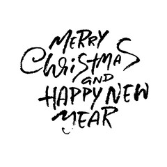 Hand drawn phrase Merry Christmas and Happy New Year. Modern dry brush lettering design. Vector typography vector illustration.