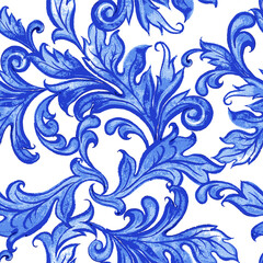 Blue floral watercolor texture pattern with flowers. 