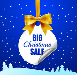 Big Christmas sale. White christmas balls with a paper round corner and cyan bow. Winter offer tag. New year holiday Web-banner or poster for e-commerce, on-line cosmetics shop, store. Vector