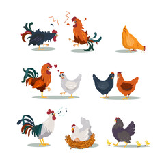 Various hens and roosters flat icon set. Cartoon Christmas or Easter chicken characters in different poses isolated vector illustration collection. Cute domestic birds, farm and poultry concept