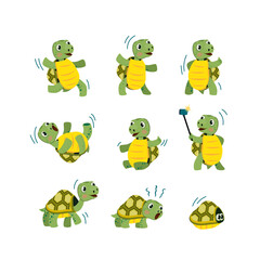 Cute little turtle flat icon set. Cartoon smiling animal character dancing, walking and having fun isolated vector illustration collection. Mascot and tortoise concept