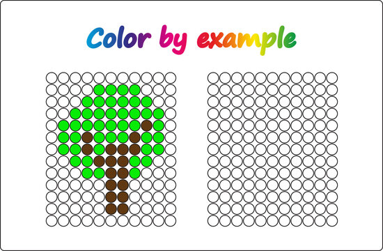 Worksheet.  apple - puzzle task, game for preschool  kids. Color by example. Coloring book. Vector illustration. Paint the circles.