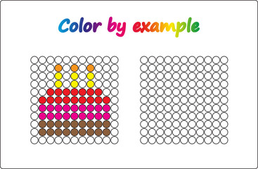 Worksheet.  apple - puzzle task, game for preschool  kids. Color by example. Coloring book. Vector illustration. Paint the circles.