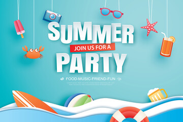 Summer party invitation banner with decoration origami. Paper art and craft style.