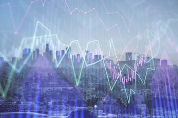 Forex chart on cityscape with skyscrapers wallpaper multi exposure. Financial research concept.