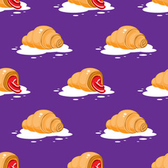 Seamless pattern with croissants on a purple background. Vector image