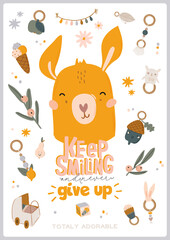 Cute baby shower in scandinavian style including trendy quotes and cool animal decorative hand drawn elements. Cartoon doodle kids  illustration for nursery room decor, children design. Vector.