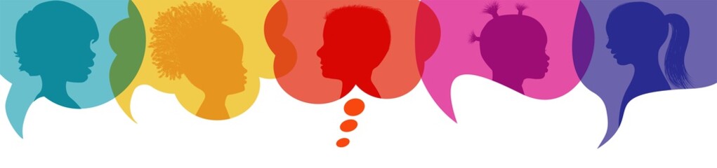 Speech bubble.Multicultural kindergarten.Silhouette group of modern children in rainbow colored profile.Communication between multi-ethnic children.Children talking.Globalization