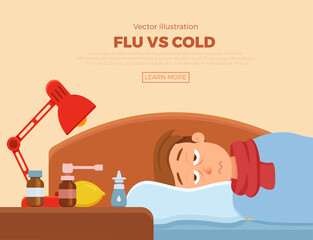 Sick guy in bed with the symptoms of cold, flu