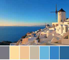 Color matching palette from image of raditional whitewashed windmills and architecture in Oia...