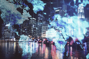 Double exposure of business theme hologram drawing and city veiw background. Concept of success.