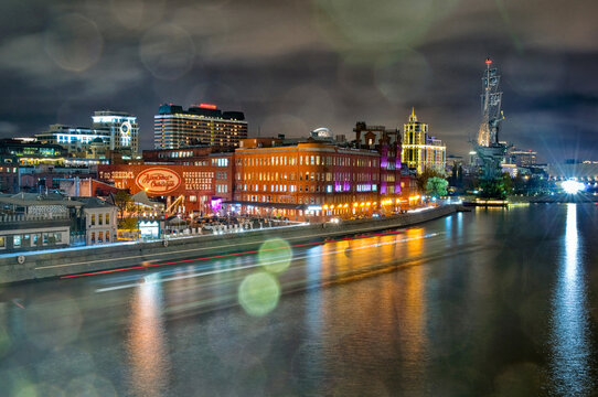 Moscow Night Landscape With River And Red October Factory, Russia