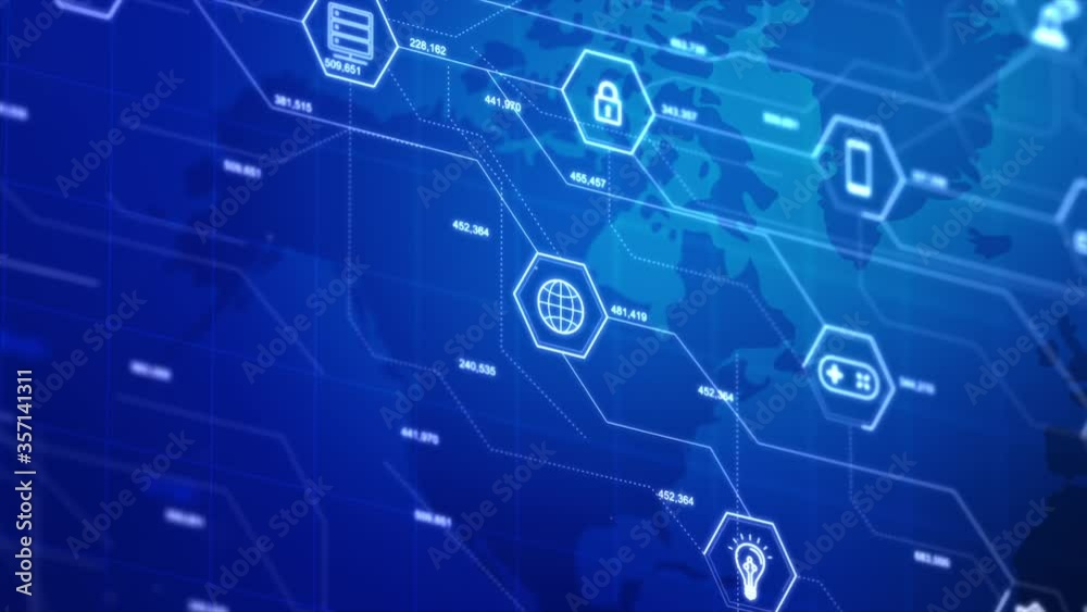Poster internet of things icons in a hexagon shape with connection line, for cyber futuristic network and i
