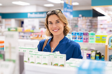 Glimlachende vrouw die cosmetisch product koopt bij apotheek