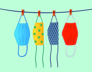 Dry cloth face masks illustration.
Drying fabric masks.
Hang reusable masks and air-dry under indirect sunlight.
Hanging washable mask vector.