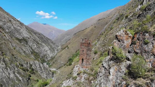 Tower on the rock in Mutso, Khevsureti, Georgia. Drone footage