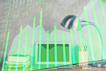 Double exposure of forex graph and work space with computer. Concept of international online...