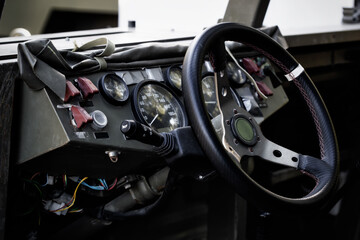 Military vehicle. Army Jeep Interior detail.  Interior Design, Steering Wheel and Dashboard