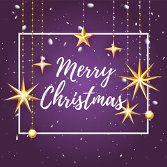 Premium luxury Merry Christmas holiday greeting card. Golden decoration ornament with Christmas star on vip purple background with snowflake pattern. Gold calligraphy lettering Christmas. Vector.