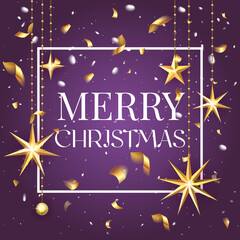 Premium luxury Merry Christmas holiday greeting card. Golden decoration ornament with Christmas star on vip purple background with snowflake pattern. Gold calligraphy lettering Christmas. Vector.