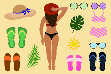 Naklejka premium Set of summer shoes, glasses, hat, swimsuit, woman and other objects isolated on a beige background. Summer vector illustration. Set of summer elements for your design