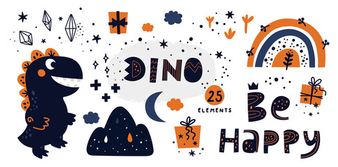 Set of hand drawn dinosaur isolated on white background with different design elements. Rainbow, magic crystal, moon, mountain, gift box, stars, sparks, dino, lettering in doodle style for kids design