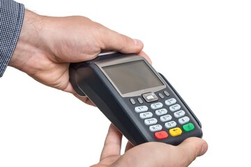 Payment terminal in hand of man isolated on white
